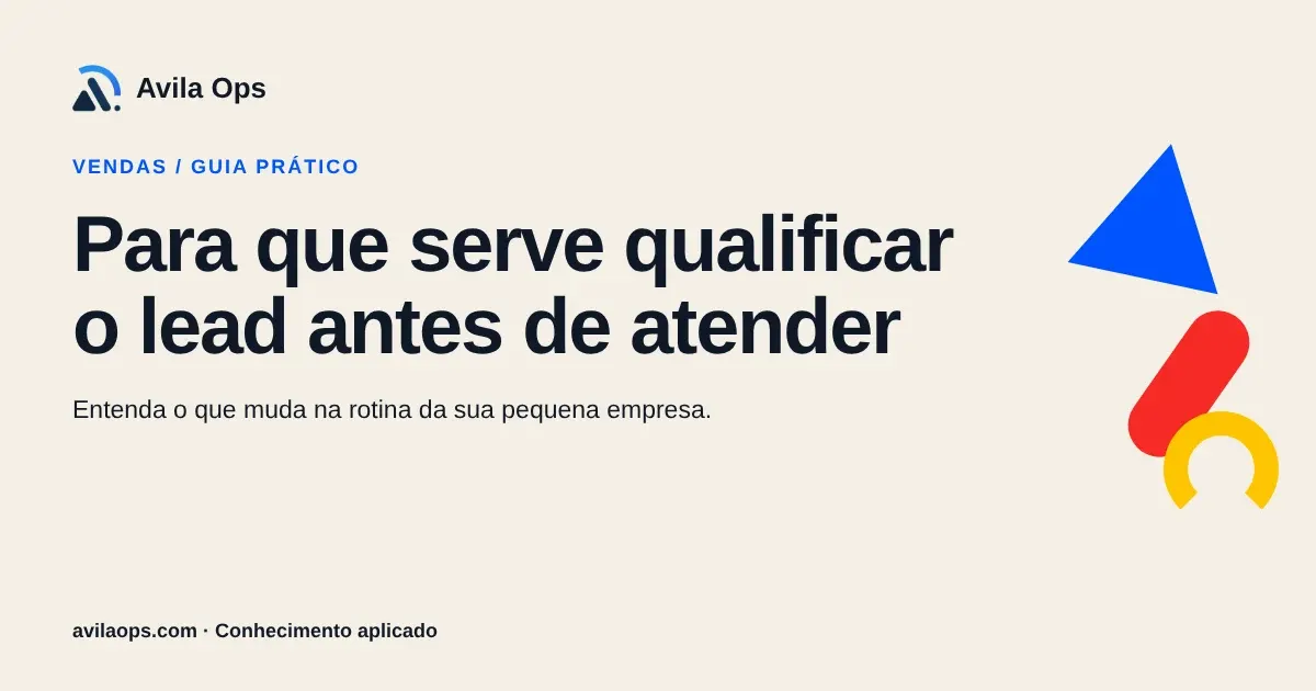 Cartaz editorial com o título “Para que serve qualificar o lead antes de atender” e formas azul, vermelha e amarela da Avila Ops.