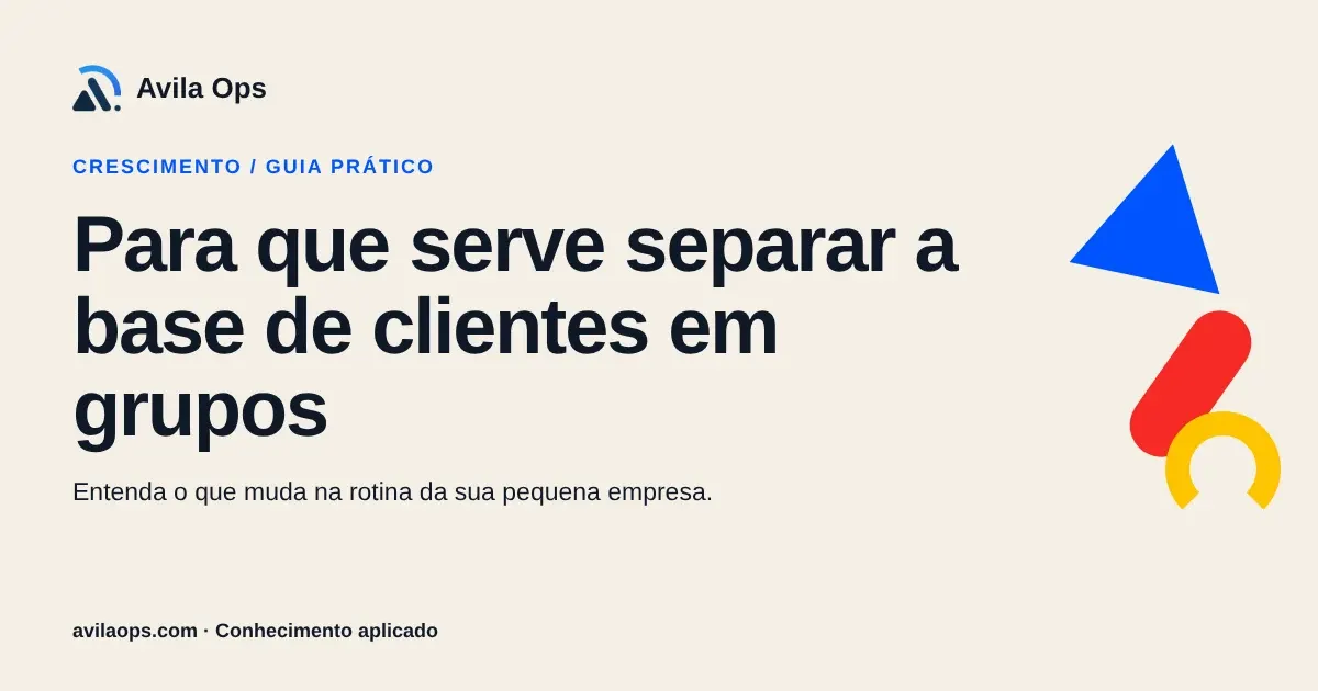 Cartaz editorial com o título “Para que serve separar a base de clientes em grupos” e formas azul, vermelha e amarela da Avila Ops.