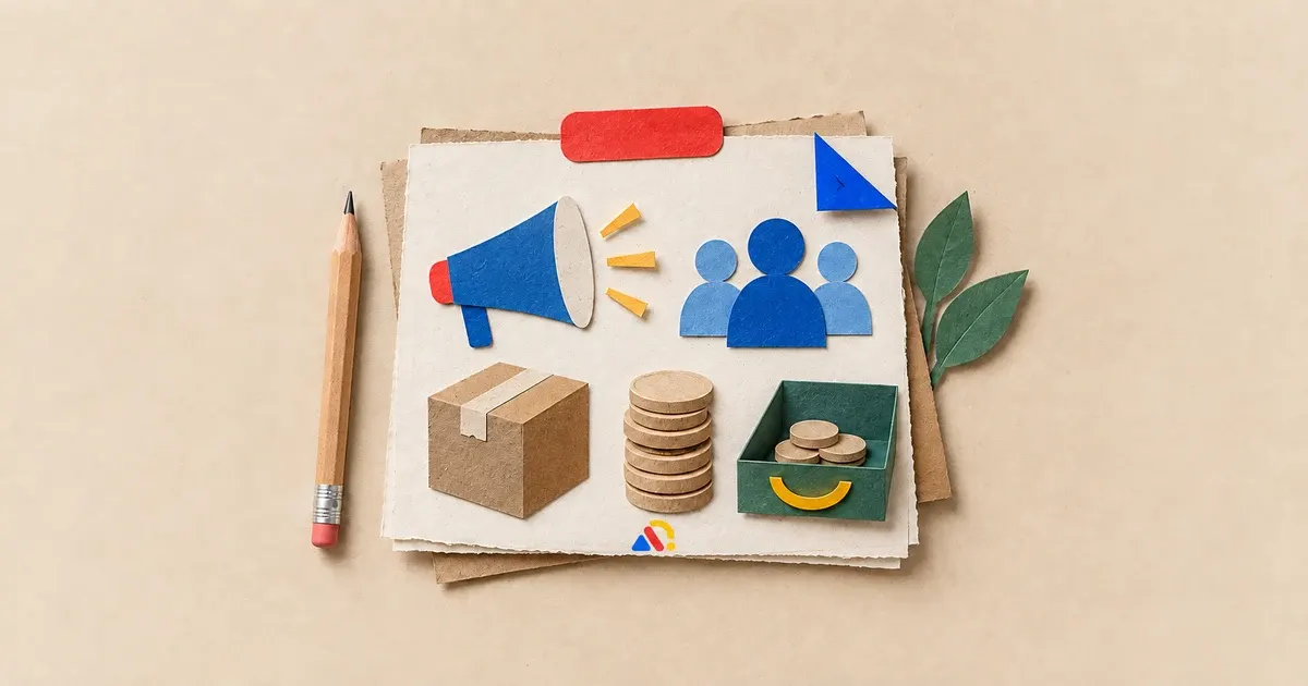 Relatório de papel reúne símbolos de divulgação, público, pedidos e dinheiro restante para avaliar o resultado de uma campanha.