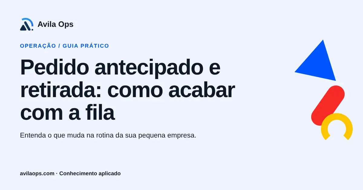 Cartaz editorial com o título “Pedido antecipado e retirada: como acabar com a fila” e formas azul, vermelha e amarela da Avila Ops.