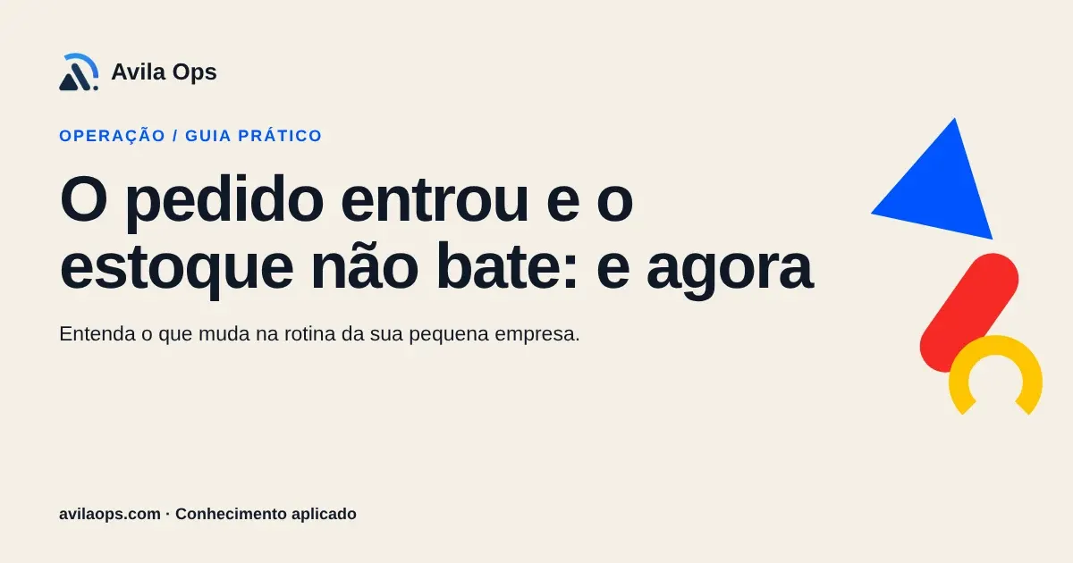 Cartaz editorial com o título “O pedido entrou e o estoque não bate: e agora” e formas azul, vermelha e amarela da Avila Ops.