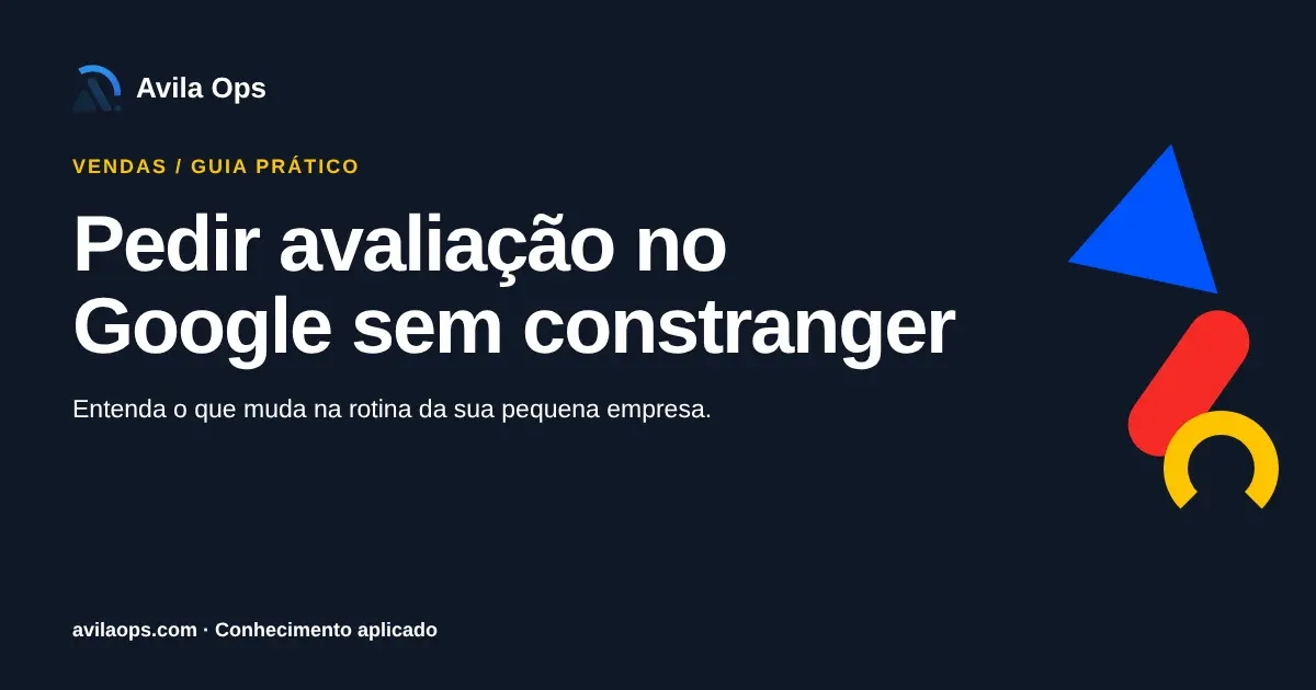 Cartaz editorial com o título “Pedir avaliação no Google sem constranger” e formas azul, vermelha e amarela da Avila Ops.