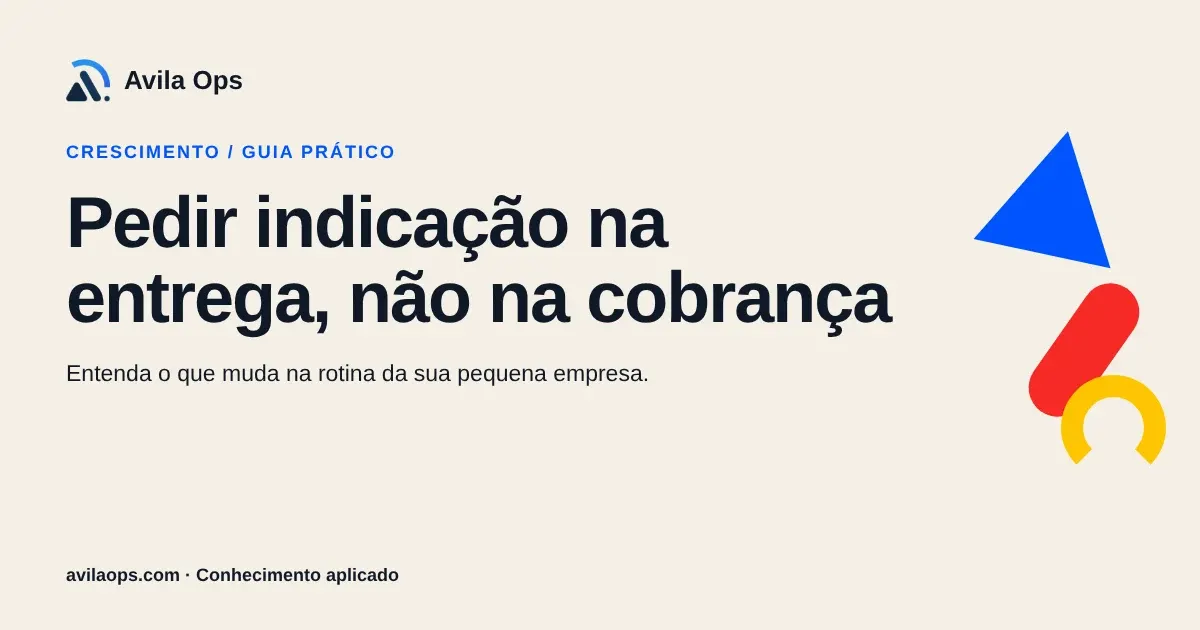 Cartaz editorial com o título “Pedir indicação na entrega, não na cobrança” e formas azul, vermelha e amarela da Avila Ops.
