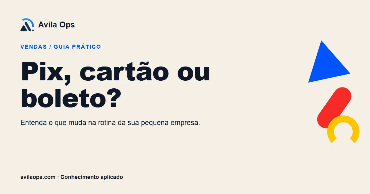 Cartaz editorial com o título “Pix, cartão ou boleto?” e formas azul, vermelha e amarela da Avila Ops.