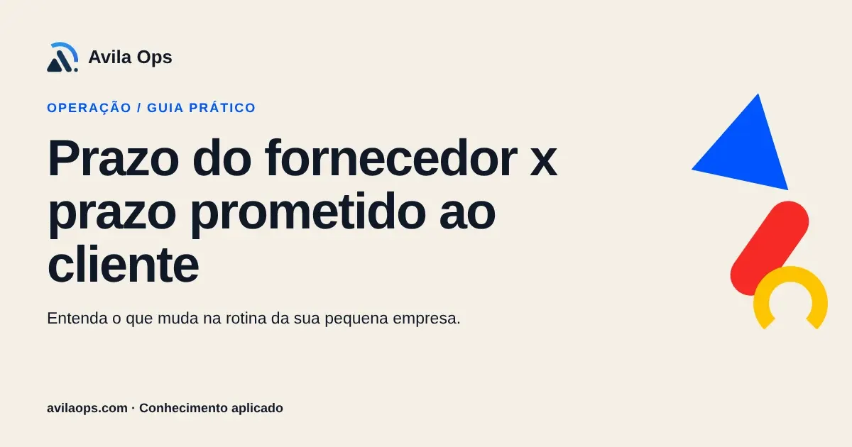Cartaz editorial com o título “Prazo do fornecedor x prazo prometido ao cliente” e formas azul, vermelha e amarela da Avila Ops.