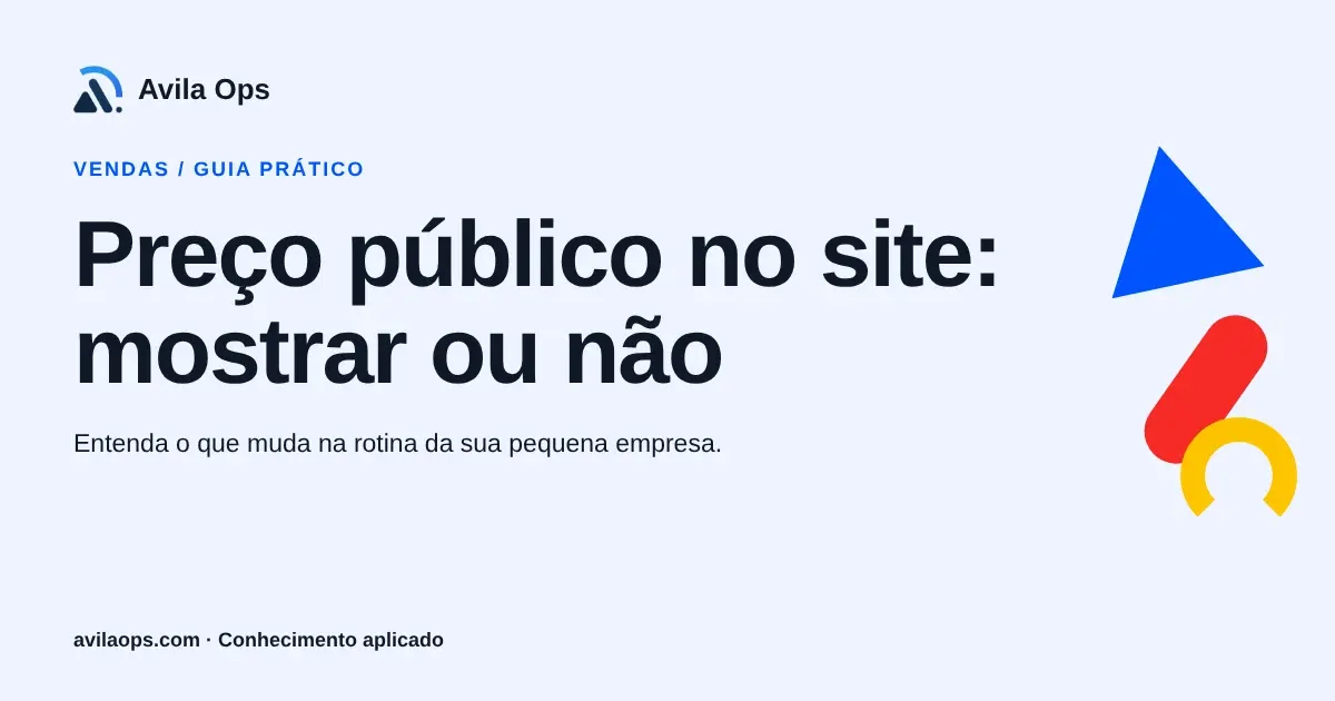 Cartaz editorial com o título “Preço público no site: mostrar ou não” e formas azul, vermelha e amarela da Avila Ops.