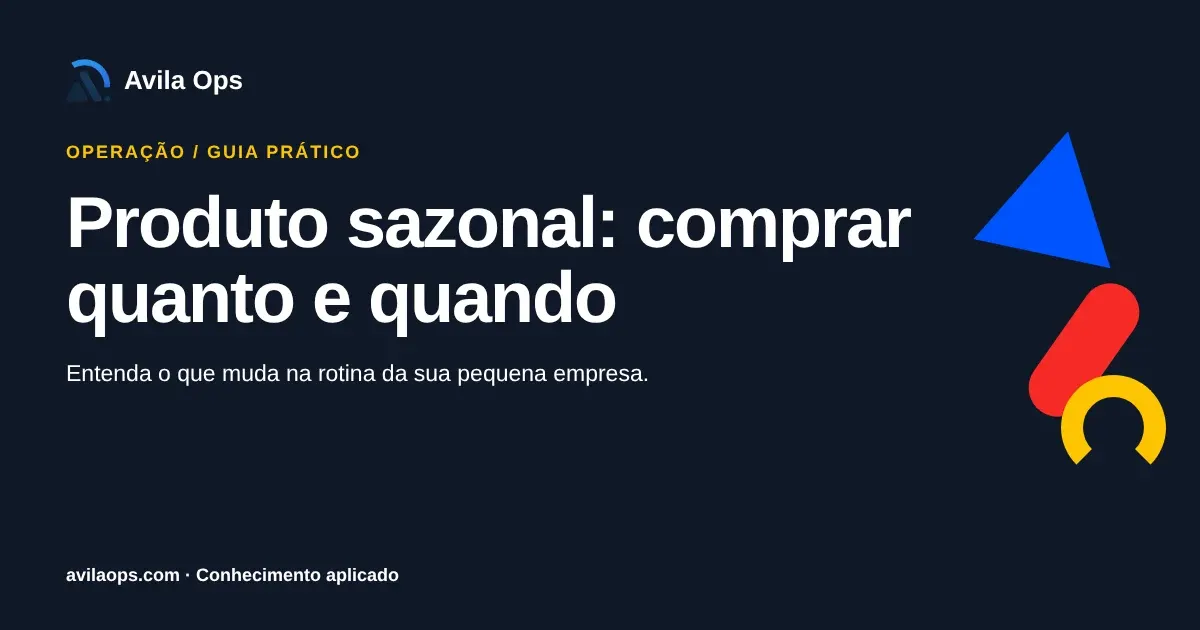 Cartaz editorial com o título “Produto sazonal: comprar quanto e quando” e formas azul, vermelha e amarela da Avila Ops.