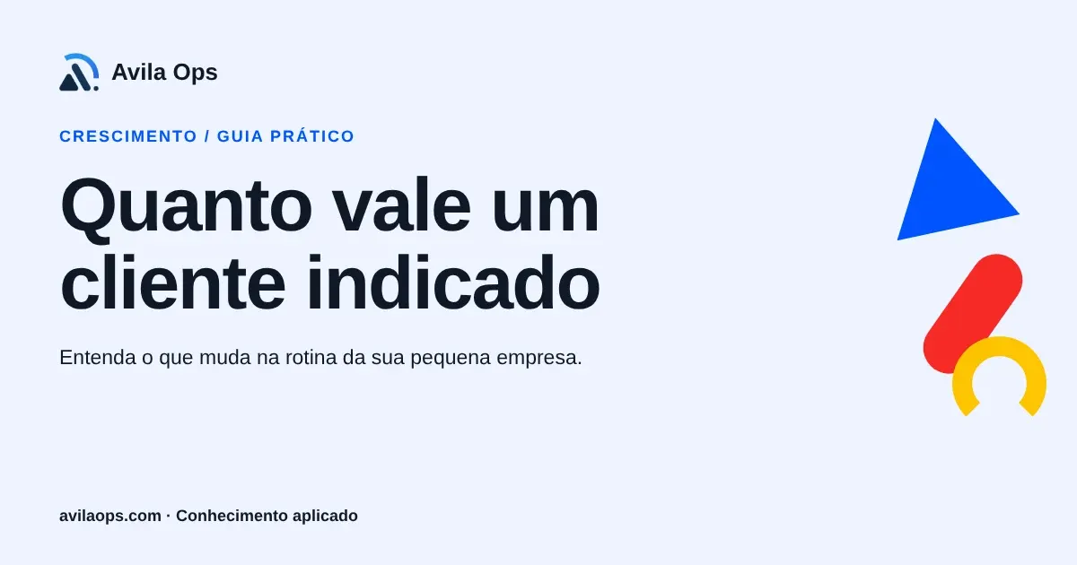 Cartaz editorial com o título “Quanto vale um cliente indicado” e formas azul, vermelha e amarela da Avila Ops.