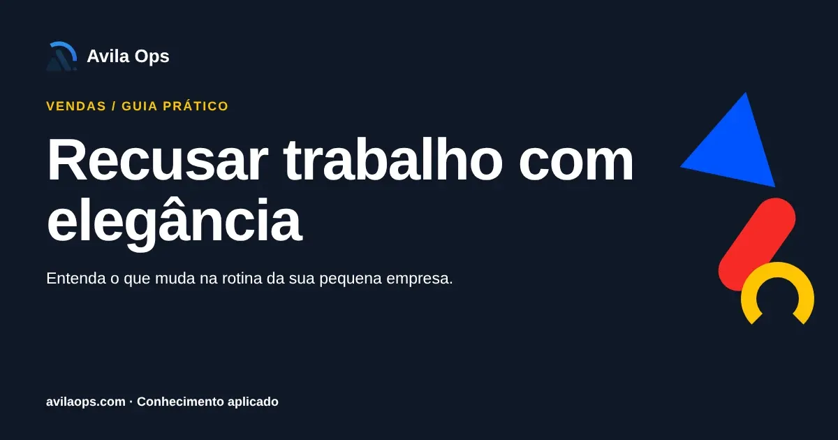 Cartaz editorial com o título “Recusar trabalho com elegância” e formas azul, vermelha e amarela da Avila Ops.