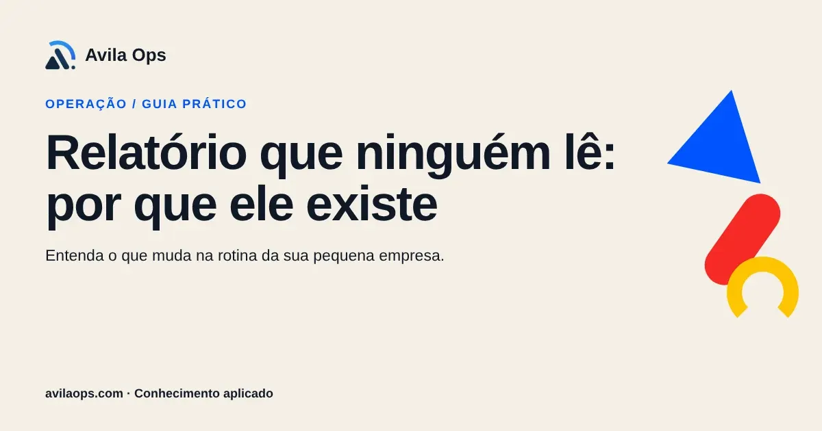 Cartaz editorial com o título “Relatório que ninguém lê: por que ele existe” e formas azul, vermelha e amarela da Avila Ops.