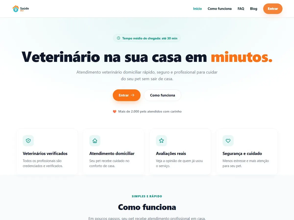 Página inicial da plataforma Saúde Pet, de atendimento veterinário domiciliar.