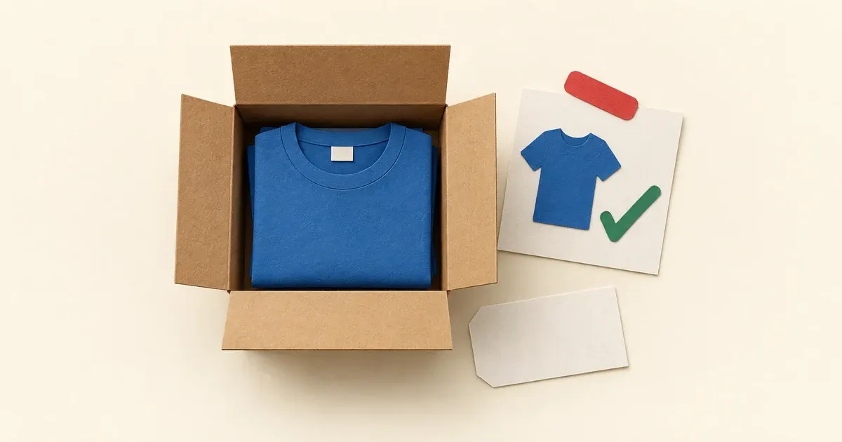 Camiseta na caixa é conferida com o pedido antes de receber a etiqueta de envio.