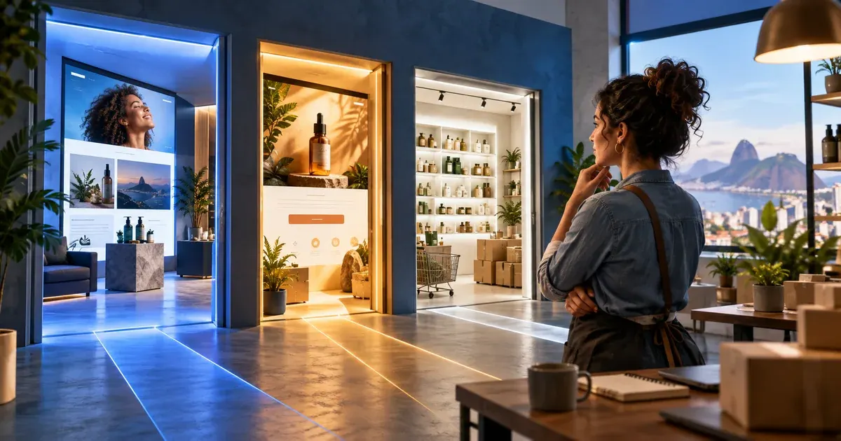 Três portas exibem diferentes ambientes digitais, representando site institucional, landing page e loja virtual.