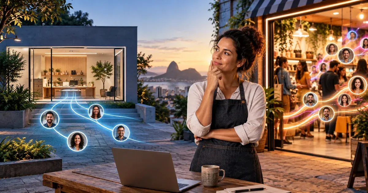 Empresária compara site no notebook com conteúdo no celular, representando a escolha dos canais digitais.