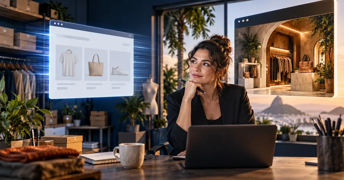 Empresária compara modelos de página no monitor, representando site pronto e projeto sob medida.