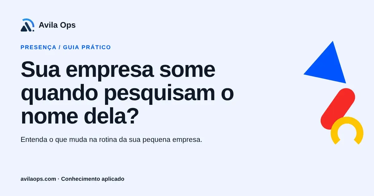 Cartaz editorial com o título “Sua empresa some quando pesquisam o nome dela?” e formas azul, vermelha e amarela da Avila Ops.