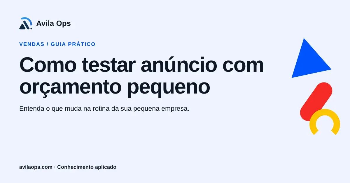 Cartaz editorial com o título “Como testar anúncio com orçamento pequeno” e formas azul, vermelha e amarela da Avila Ops.