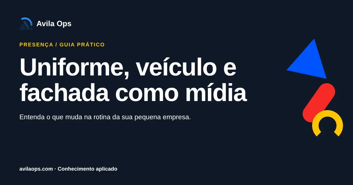 Cartaz editorial com o título “Uniforme, veículo e fachada como mídia” e formas azul, vermelha e amarela da Avila Ops.
