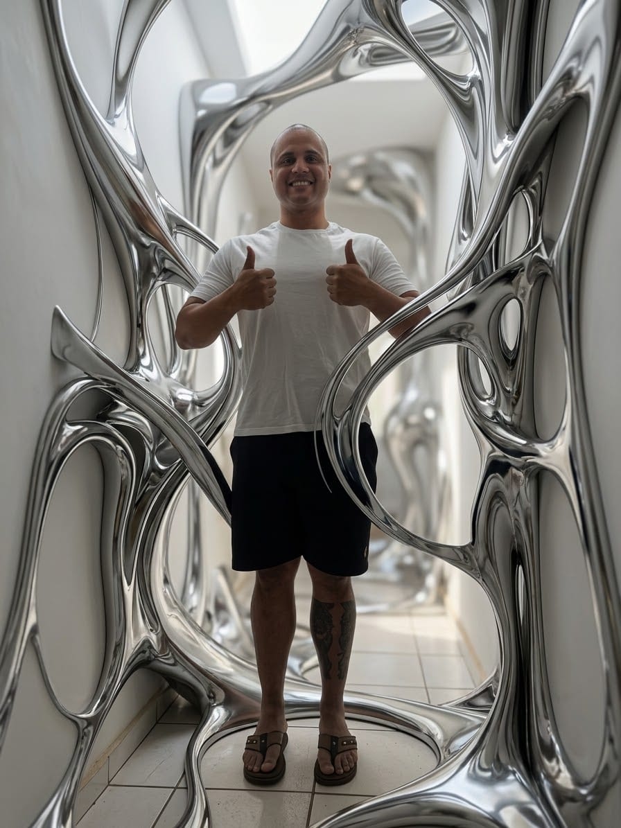 A mesma pessoa, mesma roupa e mesma pose, agora cercada por formas orgânicas de cromo líquido que emolduram o corredor.