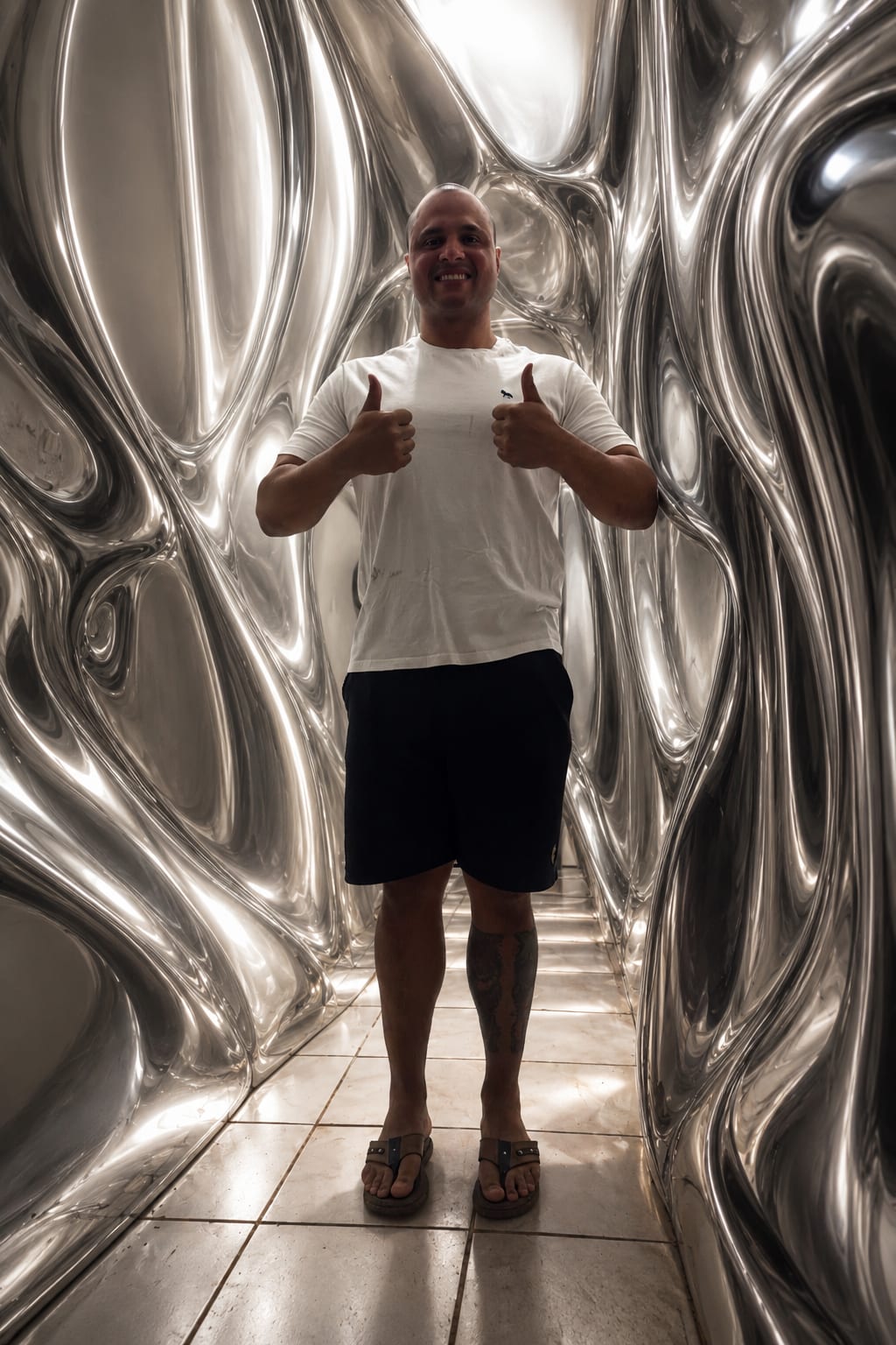 A mesma pessoa, mesma roupa e mesma pose, dentro de um túnel de cromo líquido com reflexos de alto contraste.